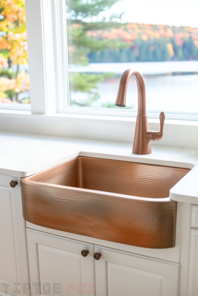 white kitchen copper farmhouse sink hammered apron copper faucet white countertops white windows modern