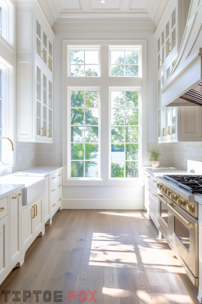 white kitchen gold hardware backsplash wood floors gold faucet white countertops white cabinets white sink stainless steel oven modern galley design