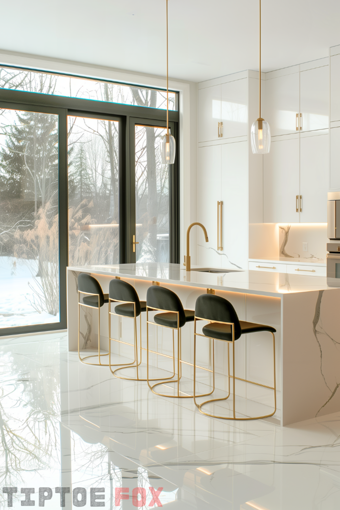 white kitchen gold hardware black barstools island white quartz tile floors white cabinets gold faucet modern design