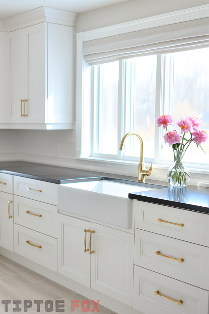 white kitchen gold hardware black countertops gold faucet single bowl white farmhouse sink under windows modern layout