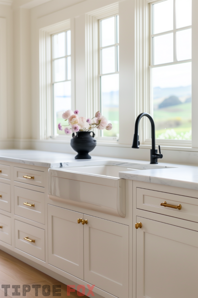 white kitchen gold hardware black faucet white quartz countertops white cabinets under windows modern design