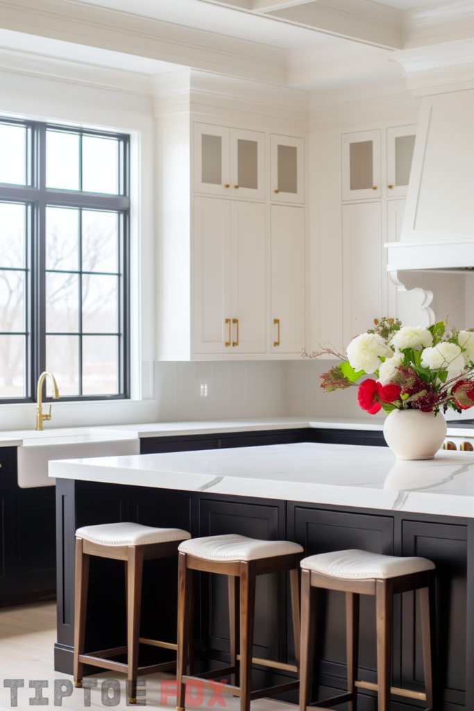 white kitchen gold hardware black island bar stools white range hood white quartz countertops white sink under windows gold faucet modern