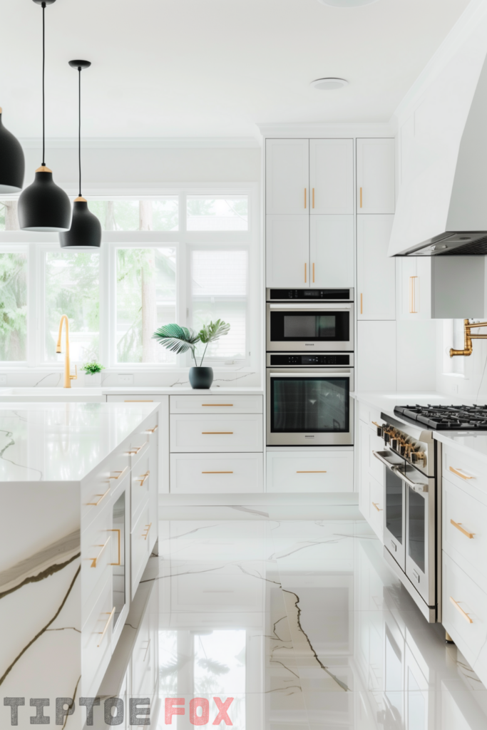 white kitchen gold hardware black lights white stone island tile floor white countertops gold faucet white sink under windows modern layout