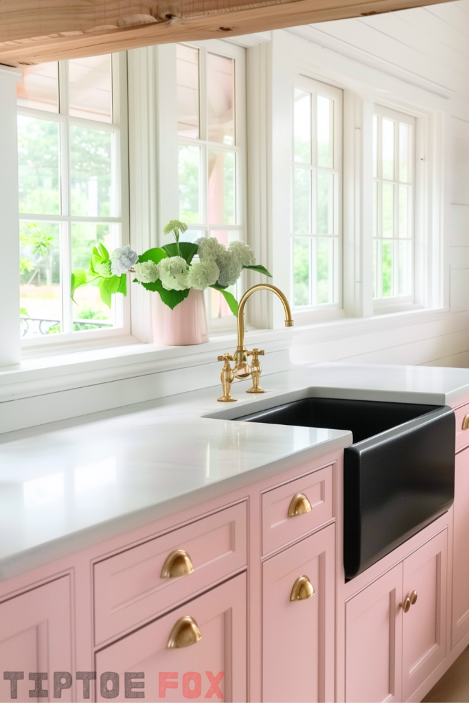 white kitchen gold hardware black sink white countertops pink cabinets under white windows gold faucet wood beams modern