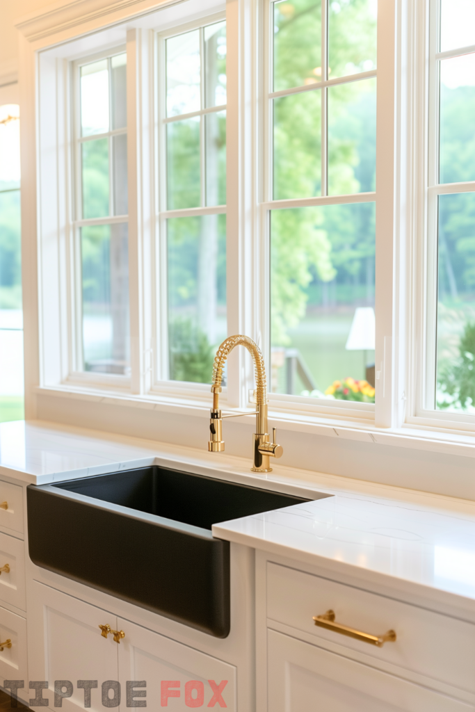 white kitchen gold hardware black sink white countertops under white windows gold faucet white cabinets modern