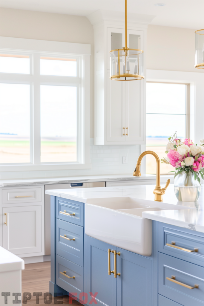 white kitchen gold hardware blue island gold faucet double bowl white farmhouse sink gold lights white cabinets white quartz countertops wood floor modern