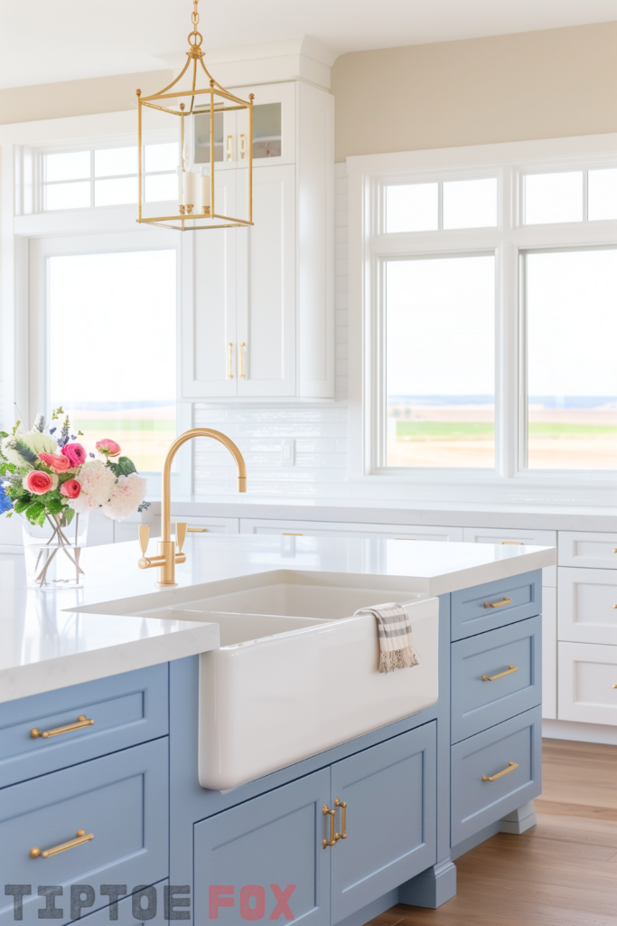 white kitchen gold hardware blue island wood floor white countertops gold faucet double bowl white farmhouse sink windows gold lighting modern design