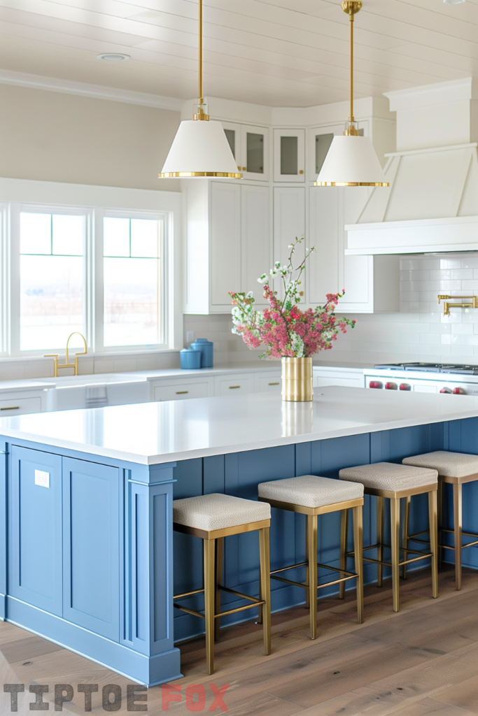 white kitchen gold hardware blue island wood floor white countertops gold faucet white farmhouse sink under windows gold trim lighting modern layout