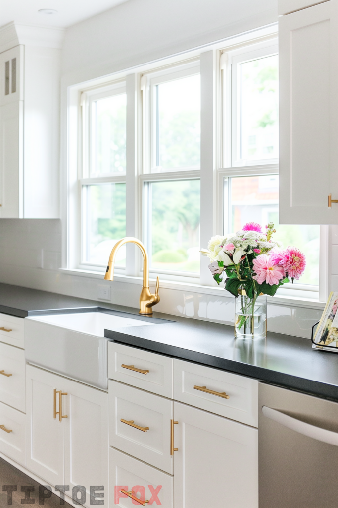 white kitchen gold hardware dark countertops white sink under windows gold faucet modern