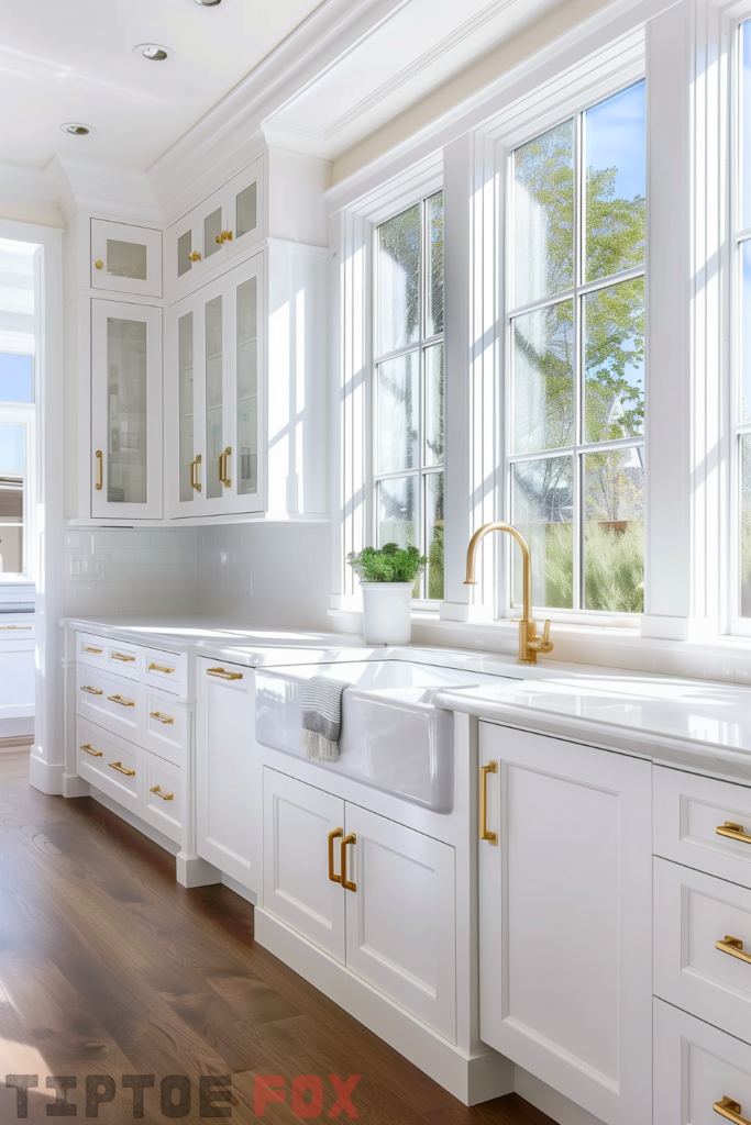 white kitchen gold hardware dark floors white backsplash white countertops farmhouse white sink under white windows gold faucet white cabinets modern