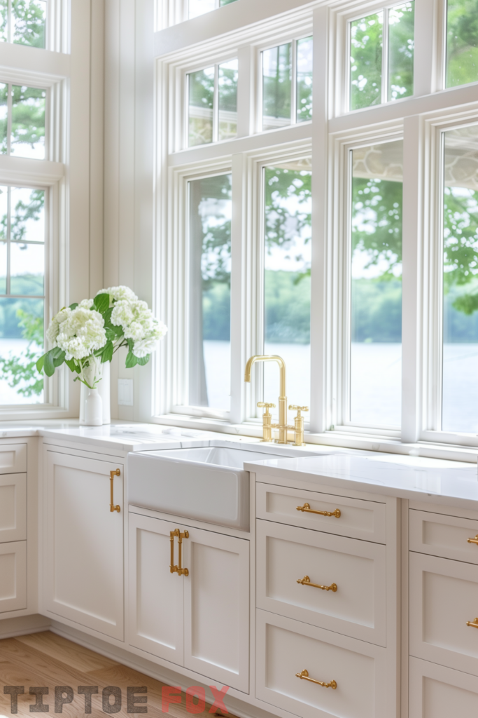 white kitchen gold hardware farmhouse sink white quartz countertops under windows gold faucet modern