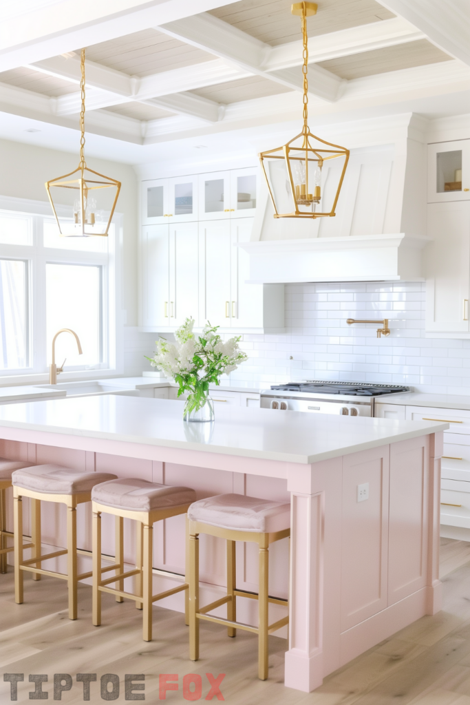 white kitchen gold hardware pink island wood floor white countertops gold faucet white sink under windows white range hood gold lighting modern design