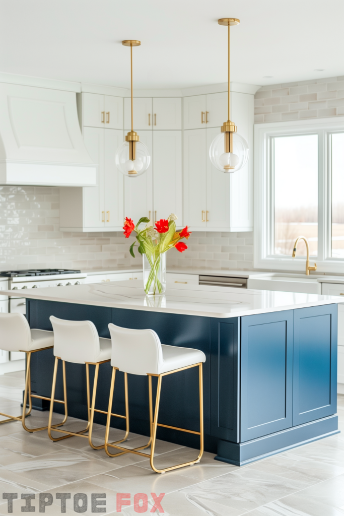 white kitchen gold hardware tile floor navy blue island white quartz countertops gold faucet white farmhouse sink under windows white range hood gold lighting modern layout