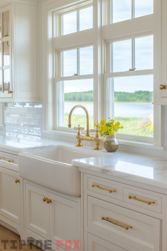 white kitchen gold hardware white backsplash white quartz countertops farmhouse white sink under windows wood floors gold faucet white cabinets modern