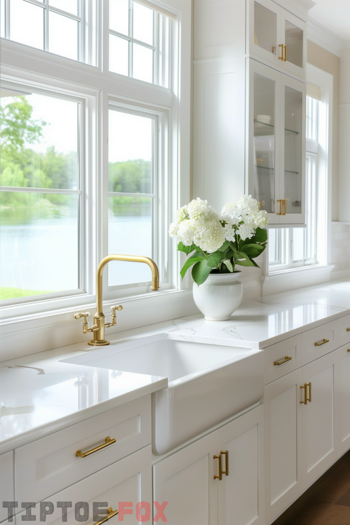 white kitchen gold hardware white quartz countertops farmhouse white sink under windows dark floors gold faucet white cabinets modern layout