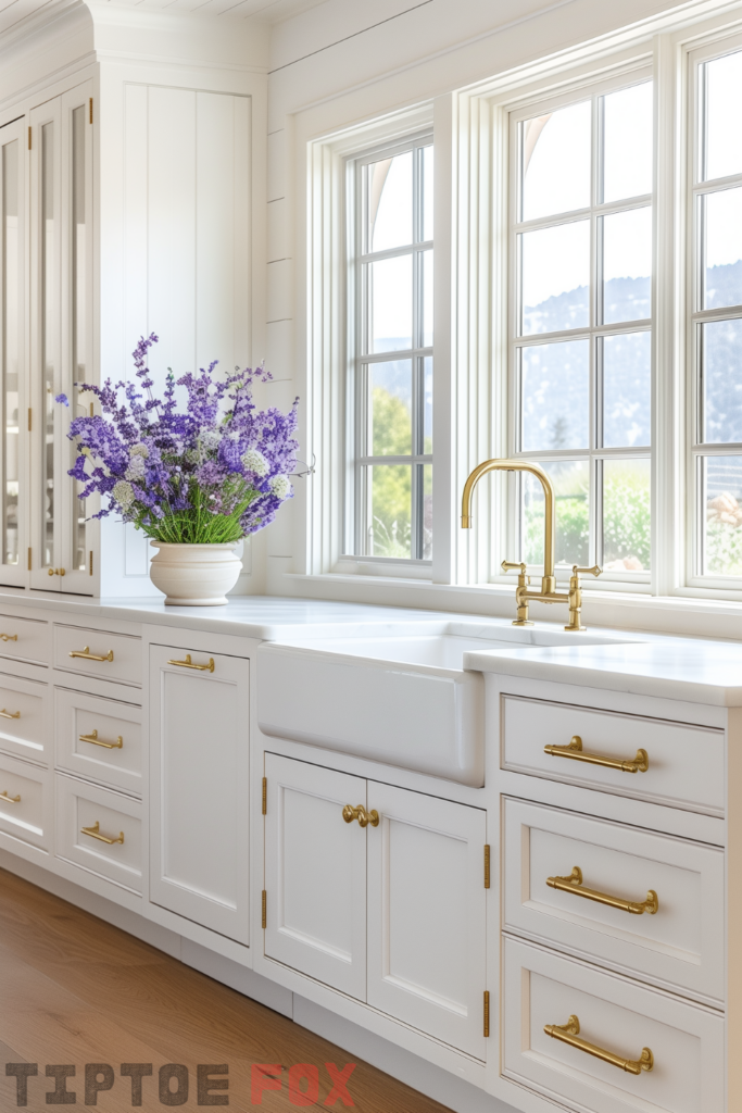 white kitchen gold hardware white sink under windows wood floors gold faucet white countertops white cabinets modern layout