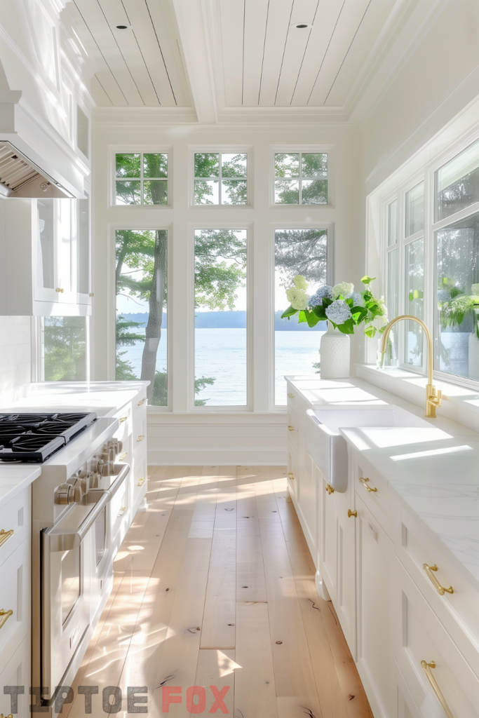 white kitchen gold hardware white sink under windows wood floors gold faucet white countertops white cabinets white range hood galley modern layout