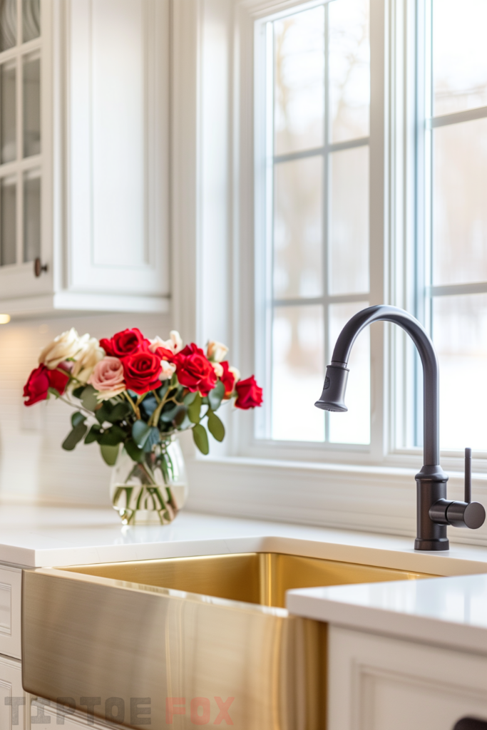 white kitchen gold sink black faucet white cabinets white countertops modern kitchen layout