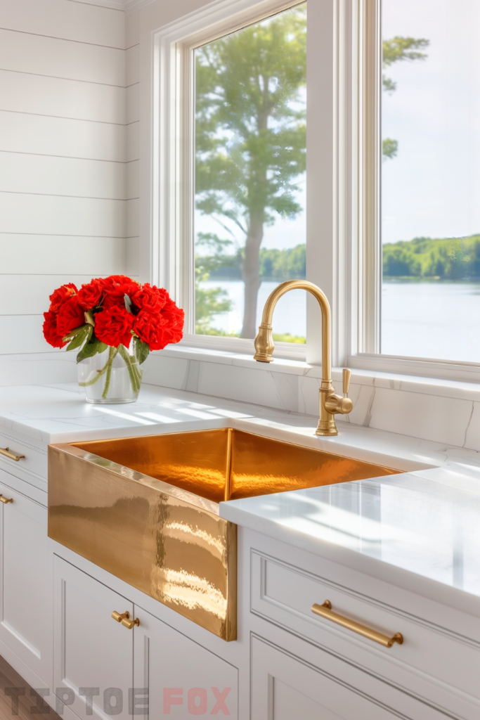 white kitchen gold sink brass faucet brass hardware white shiplap white countertops white cabinets farmhouse kitchen layout