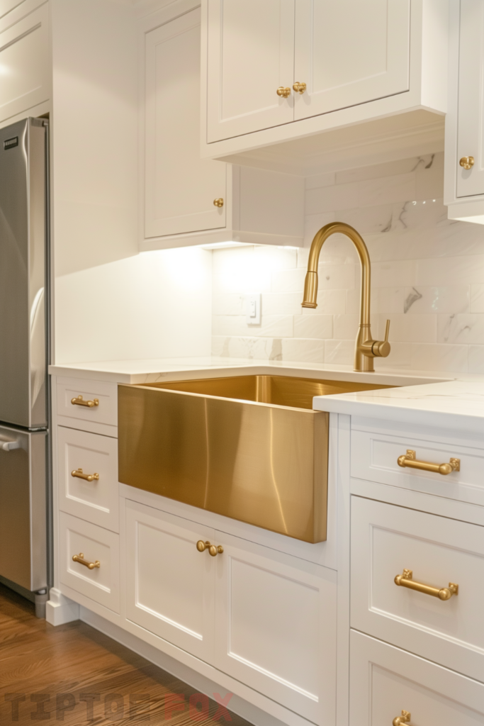 white kitchen gold sink stainless steel appliances gold hardware gold faucet white countertops white backsplash white cabinets modern kitchen layout