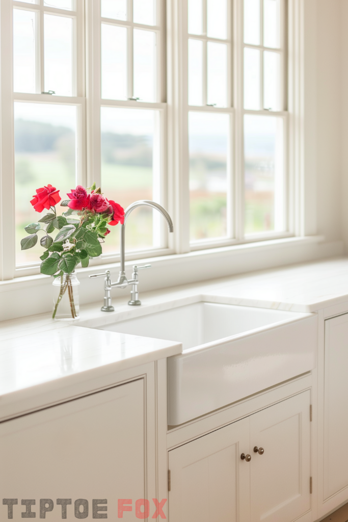 white kitchen with white farmhouse sink porcelain single bowl