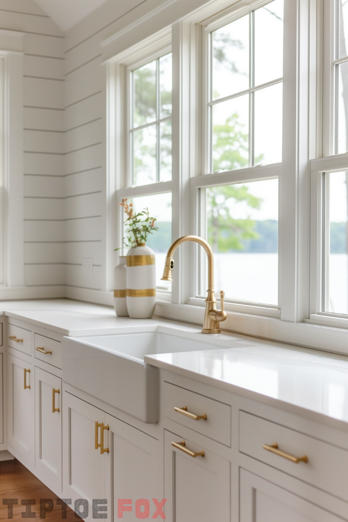 white neutral kitchen gold hardware farmhouse sink wood floors gold faucet white countertops white cabinets white windows white shiplap modern design