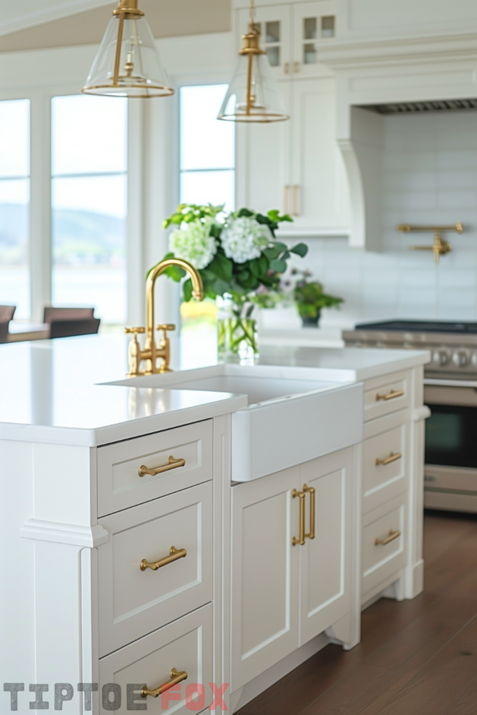 white neutral kitchen gold hardware island dark floors gold faucet white countertops white cabinets white sink stainless steel oven modern design