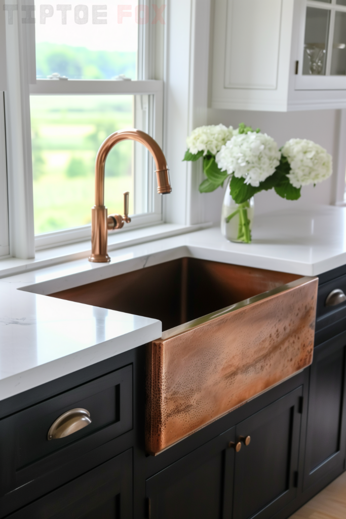 white quartz countertops copper farmhouse sink black cabinets copper faucet copper hardware white modern kitchen under windows design