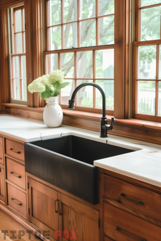 wood cherry cabinets black sink white quartz countertops black faucet under window kitchen design