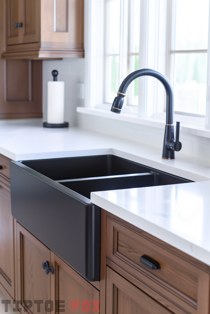 wood oak brown cabinets black sink white countertops under window farmhouse double bowl kitchen design