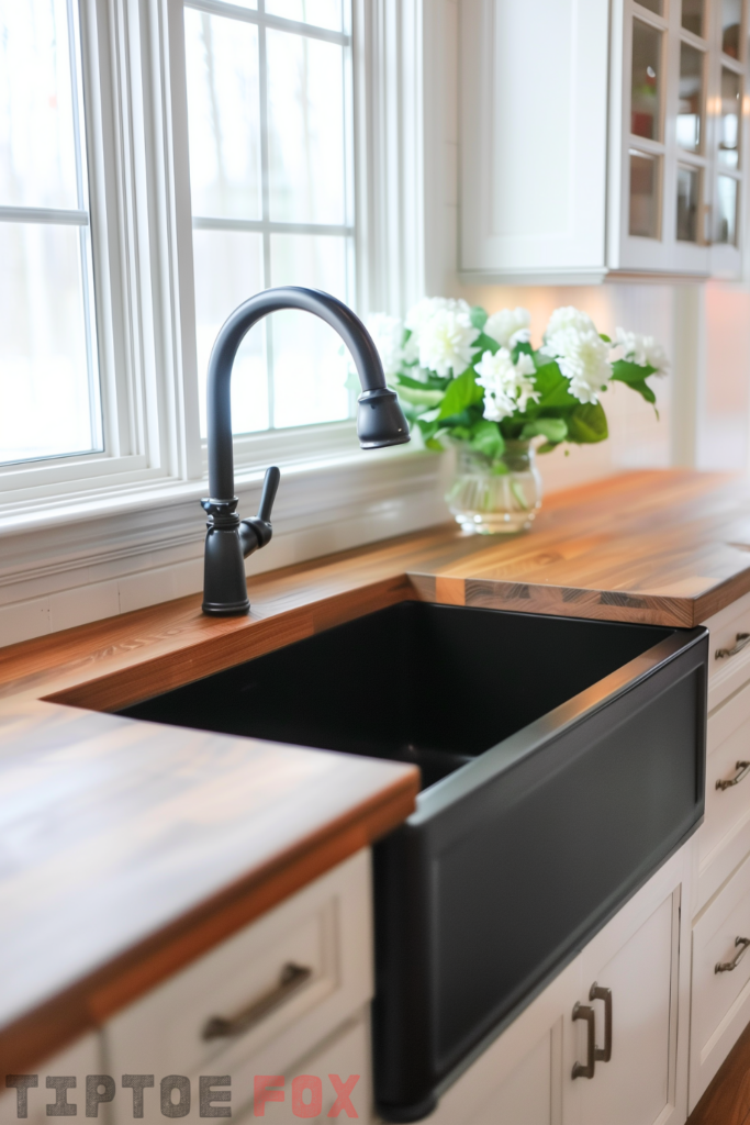 wood oak worktop butcher block countertop black farmhouse sink white cabinets black faucet under white windows undermount single bowl modern layout