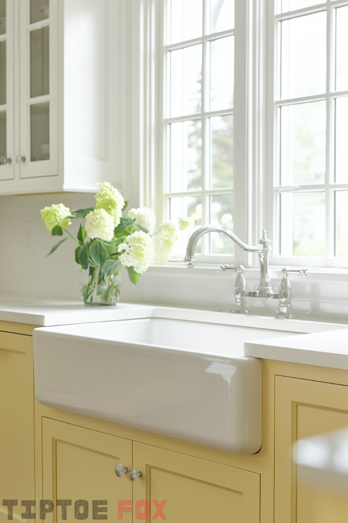 yellow cabinets white farmhouse sink white countertops chrome faucet modern kitchen windows