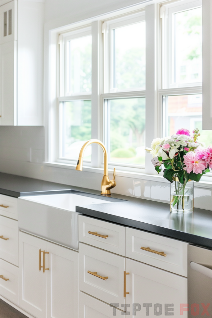 black countertops gold faucet white sink