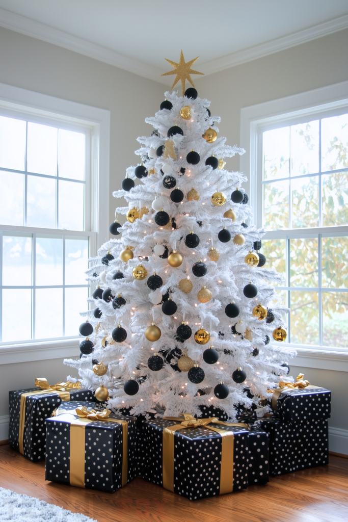 black gold and white christmas tree with black and gold ornaments