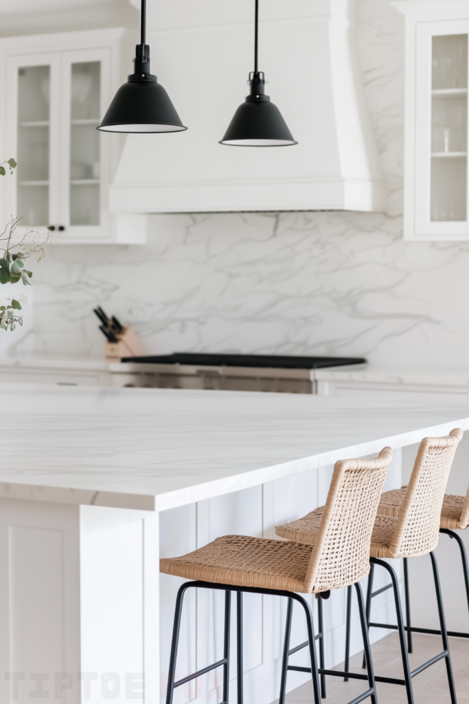 black lights white kitchen black hardware barstools