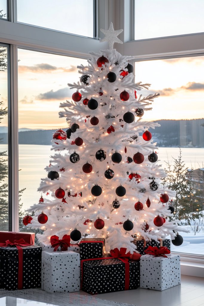 black red and white christmas tree with black and red decorations