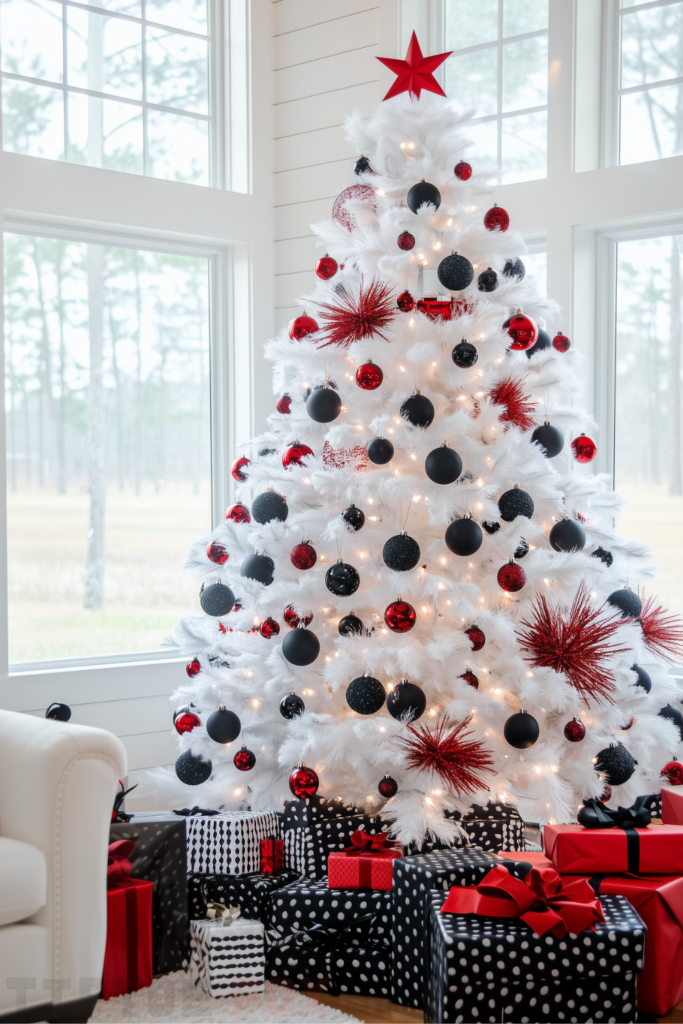 black red and white christmas tree with black and red ornaments