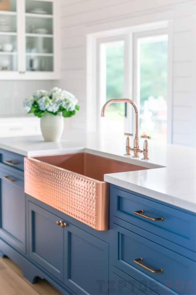 blue cabinets gold faucet island kitchen