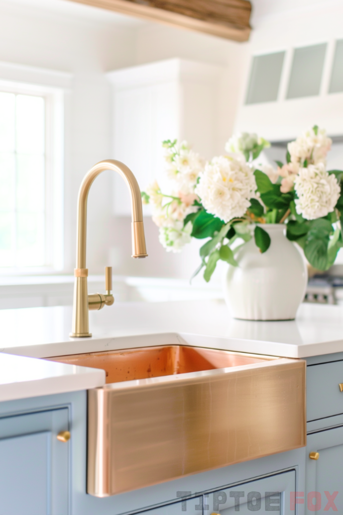 blue cabinets gold faucet with kitchen island