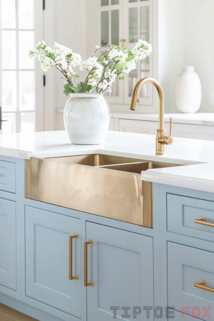 blue island gold faucet white countertops