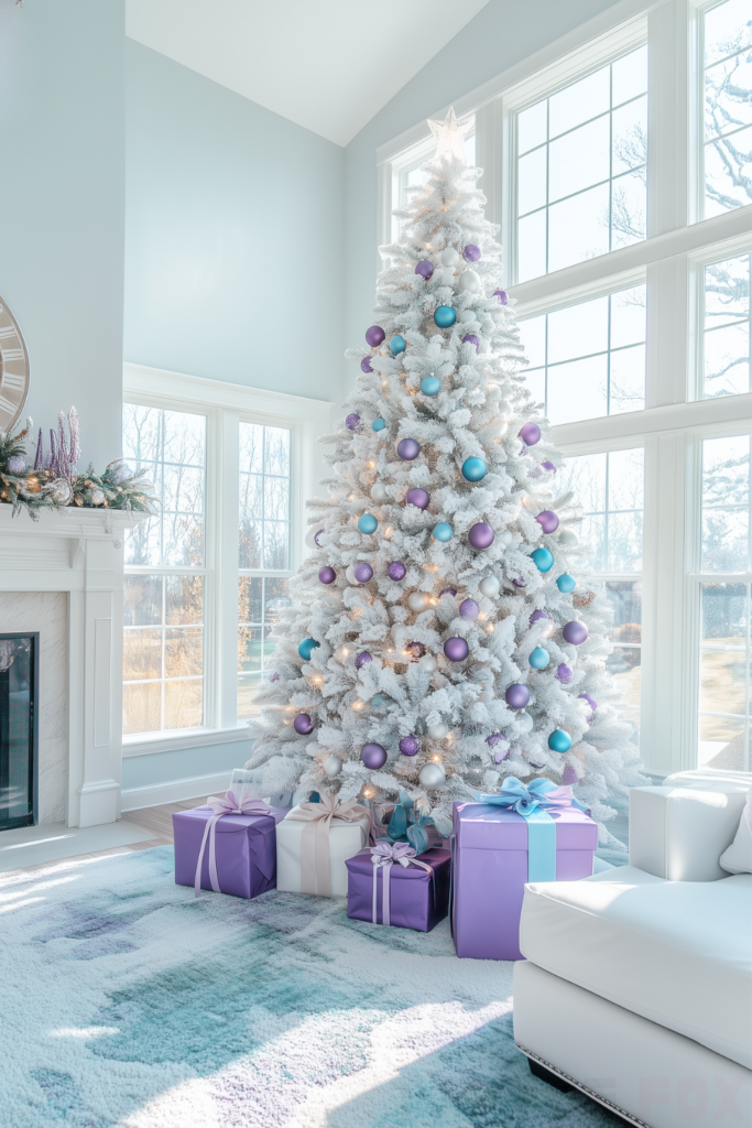 blue purple and white christmas tree purple blue ornaments