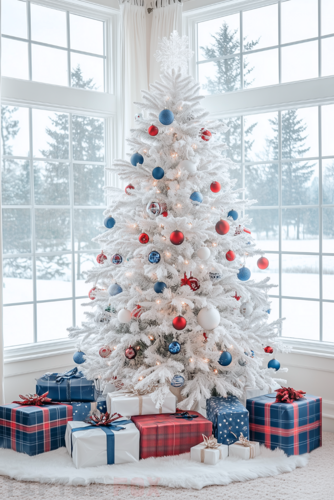 blue red white christmas tree blue red ornaments