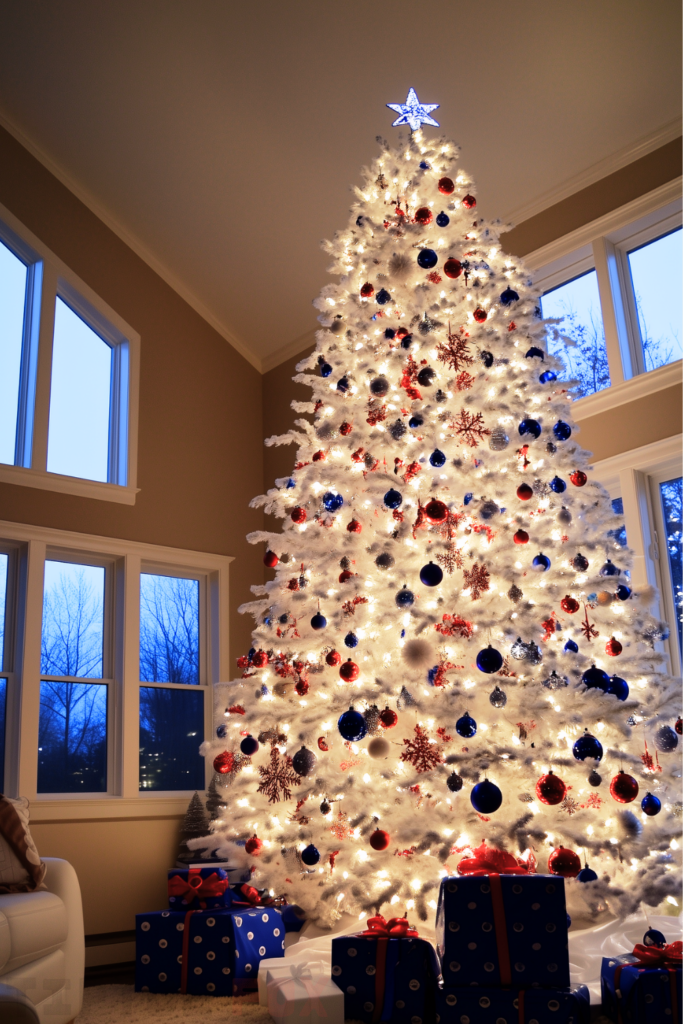 blue red white christmas tree with blue and red decorations