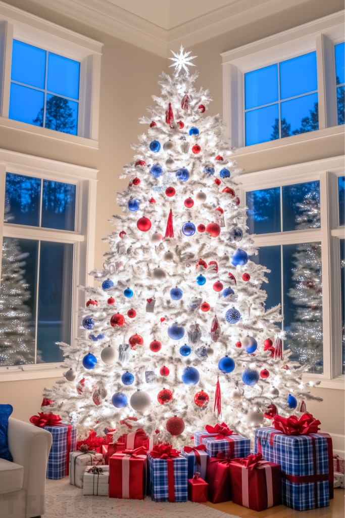 blue red white christmas tree with blue and red ornaments