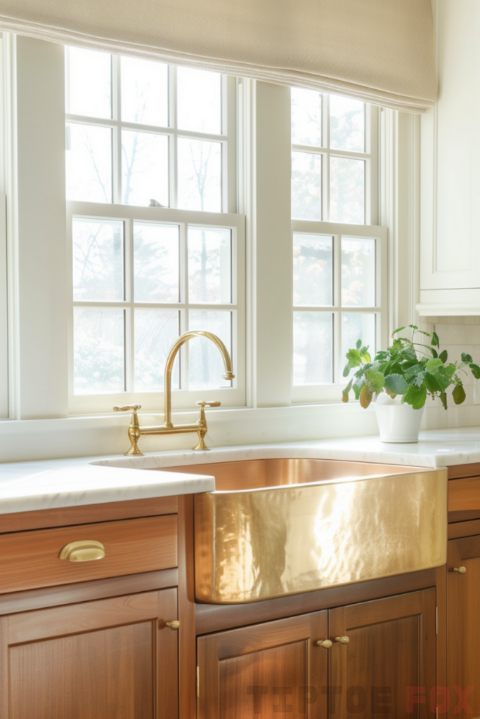 brown cabinets gold faucet wood kitchen