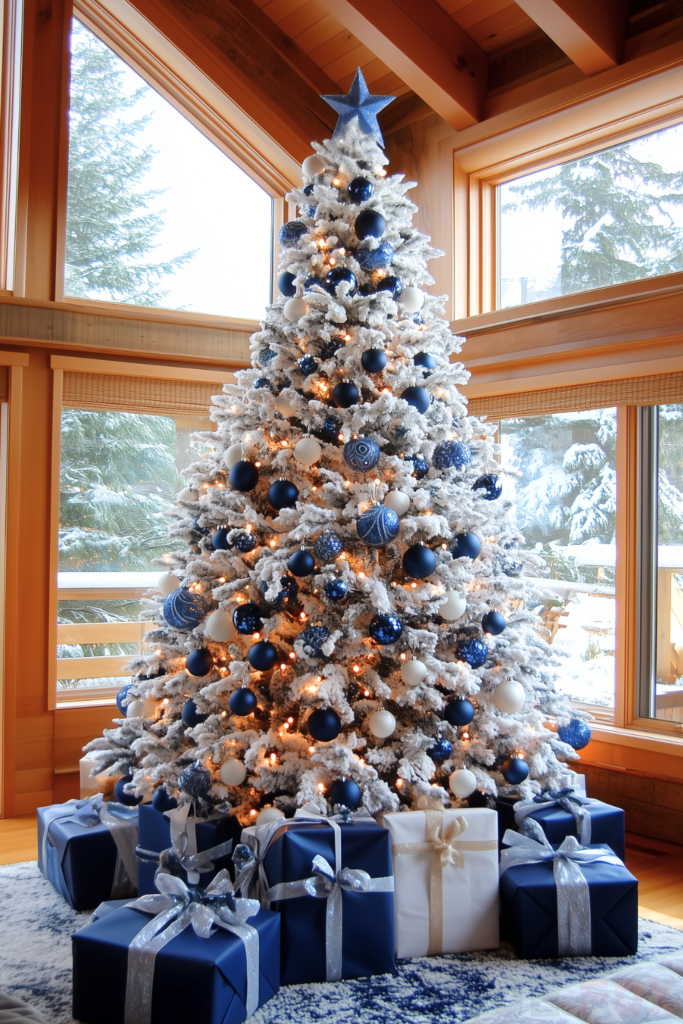 dark blue white christmas tree navy blue ornaments