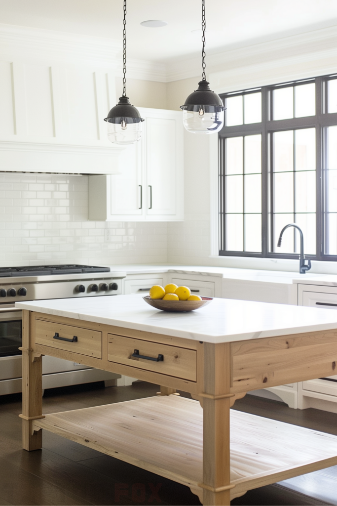 dark floors white kitchen black hardware wood island