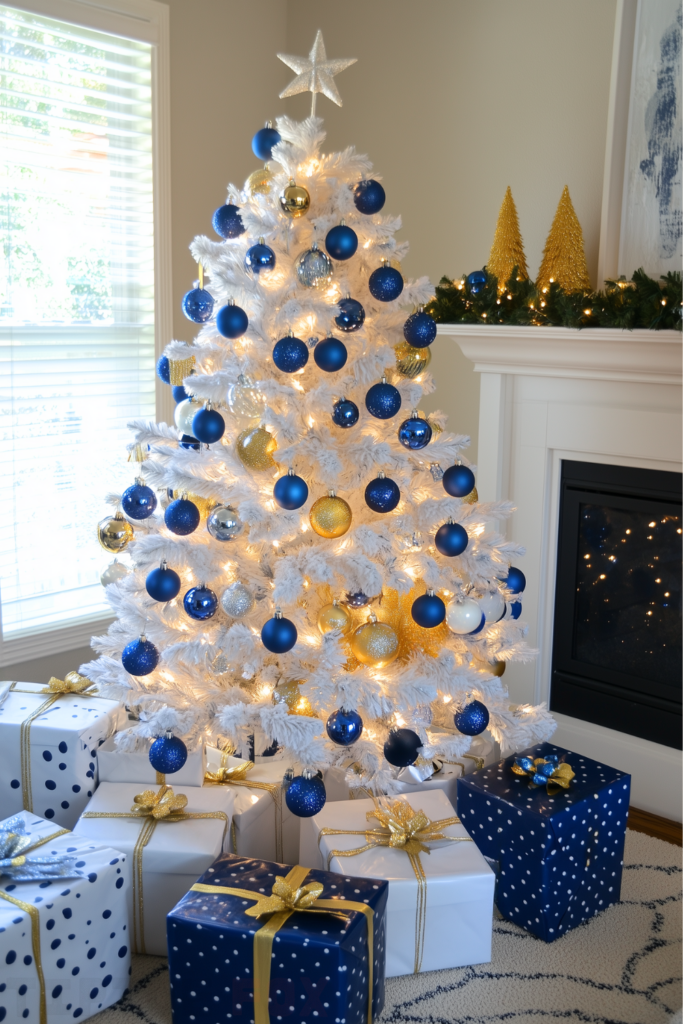 decor gold blue white christmas tree gold and blue ornaments