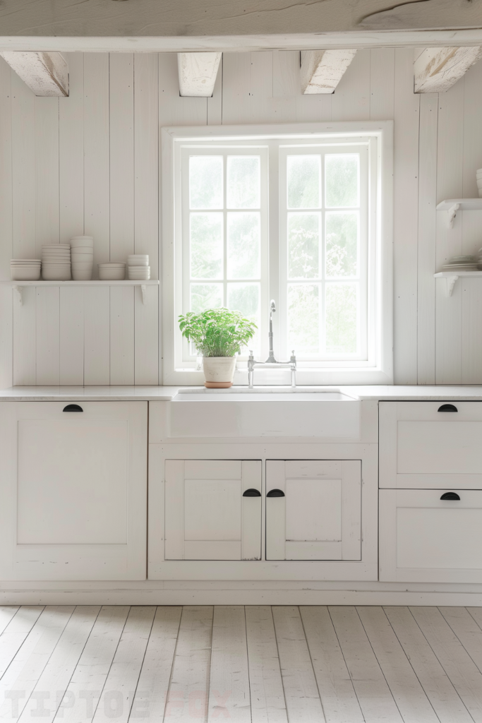 farmhouse white kitchen black hardware rustic