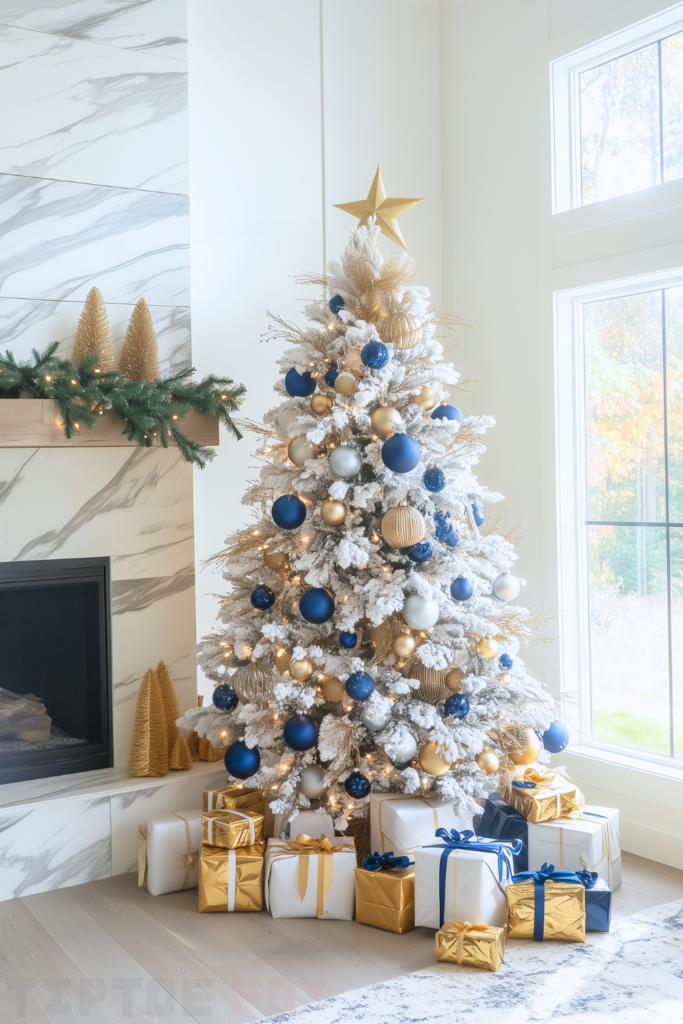 flocked white christmas tree gold and blue decor